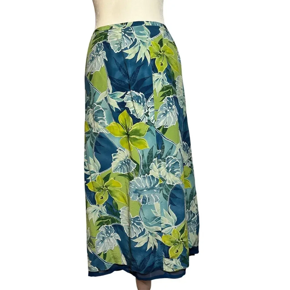 Vintage Nygard Skirt Blue Lime Green Tropical Floral Print Size: 14